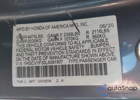 2020 Honda Accord Sport z USA, uszkodzony, nr VIN 1HGCV1F30LA091907